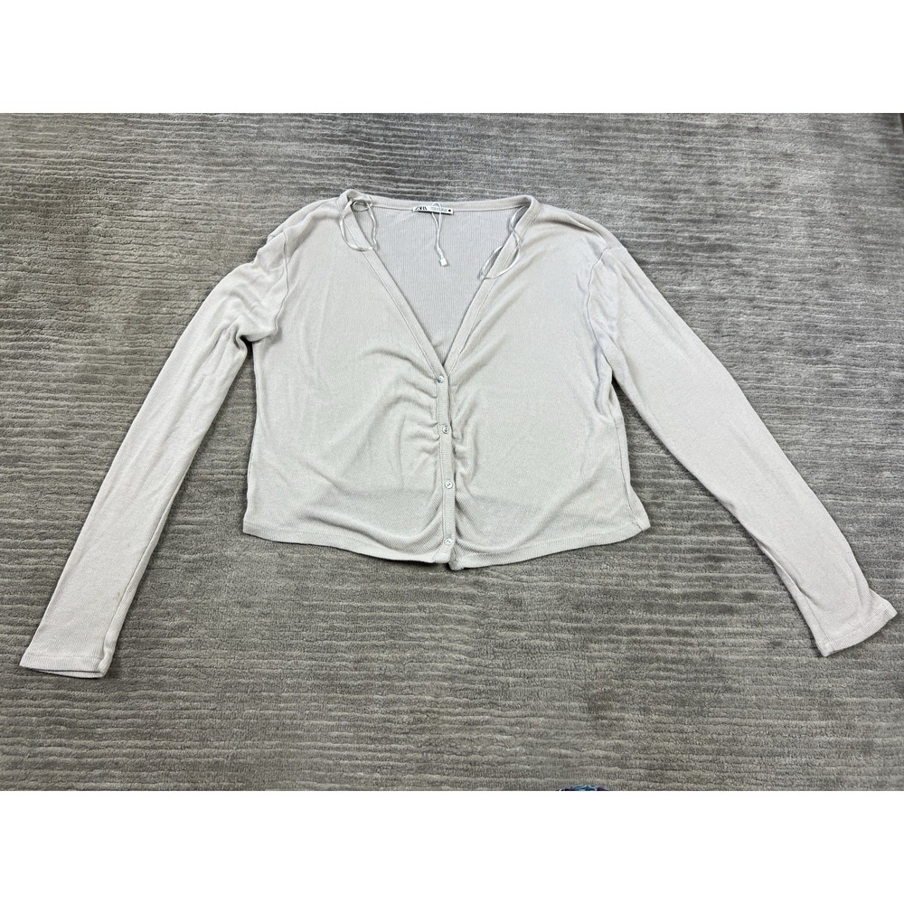 Zara Sweater Womens Medium Beige‎ Cropped Long Sleeve Lightweight Cardigan